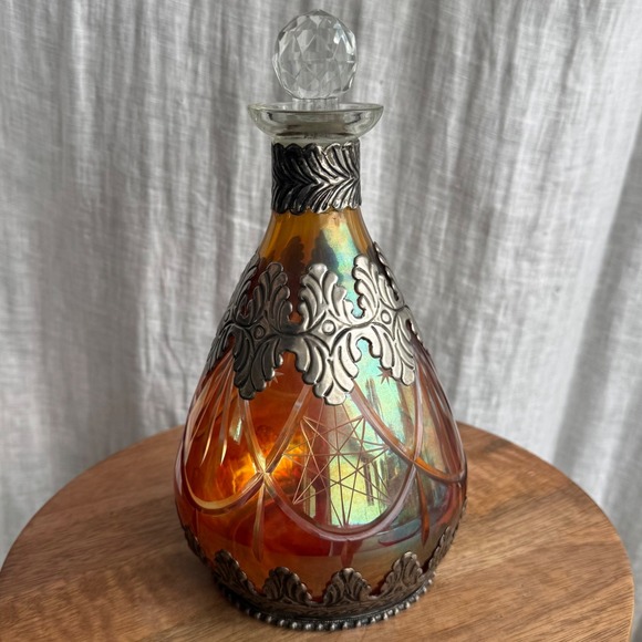 Other - Vintage German Amber Iridescent Decanter Ornate Silver Metal Overlay 9.5"